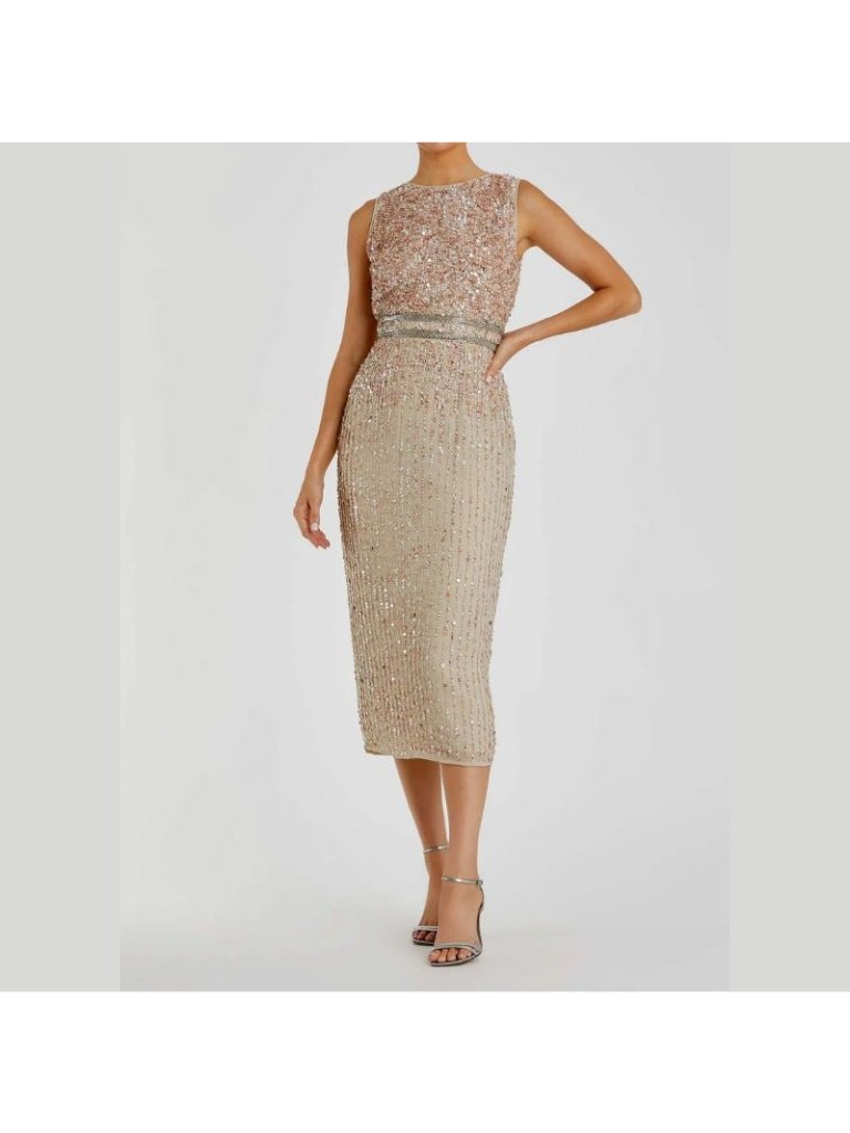 Nwt Mac Duggal Womens Nude Sequin High Neck Sleeveless Midi Sheath Dress Size 10